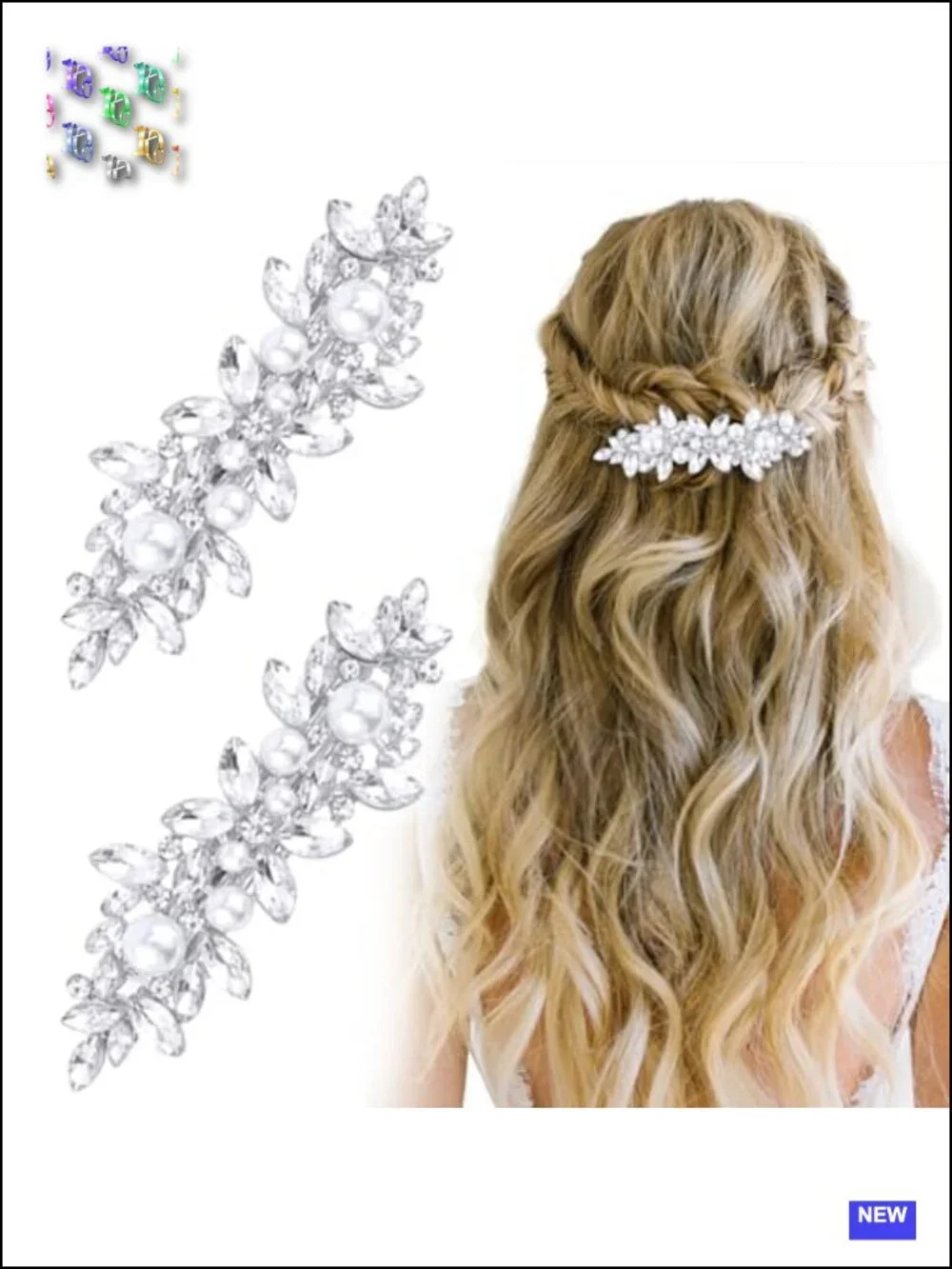 2 PCS French Barrette Pearl Rhinestone Hair Clips for Women Wedding Bride